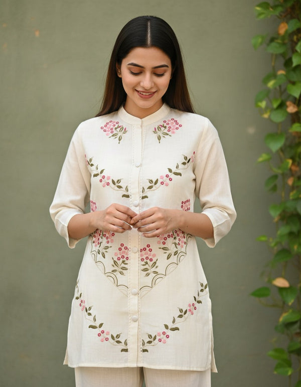 Ivory Rose Embroidered Cotton Co-ord Set