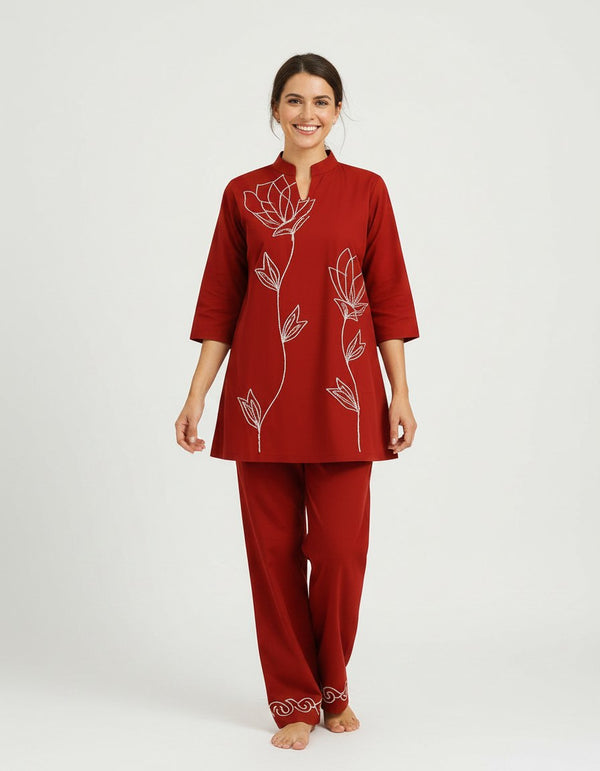 Crimson Red Buti Embroidered Cotton Co-ord Set