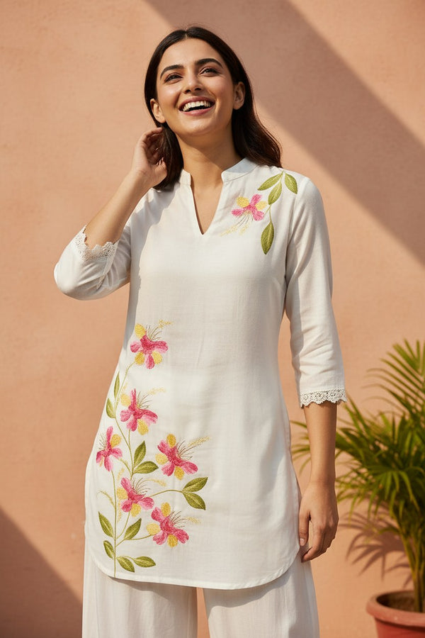White Blossom Embroidered V-Neck Cotton Co-ord Set