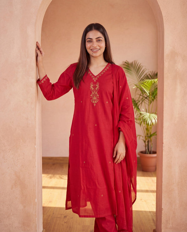 Red Embroidered Cotton Anarkali Set with Dupatta