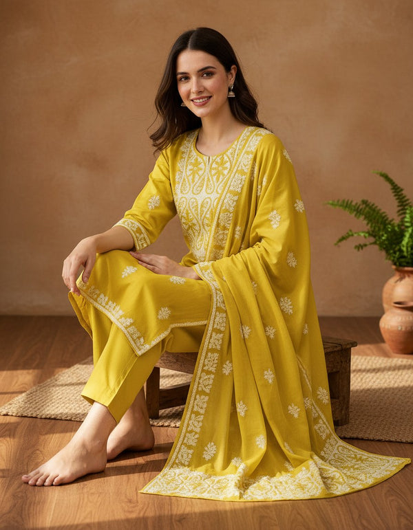 Mustard Yellow Embroidered Cotton Anarkali Set with Dupatta