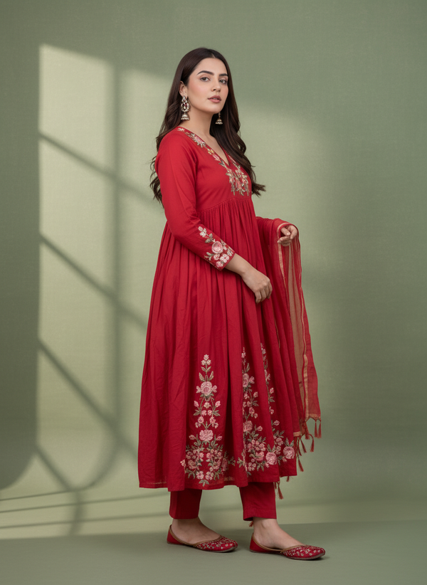Crimson Bloom Anarkali Set
