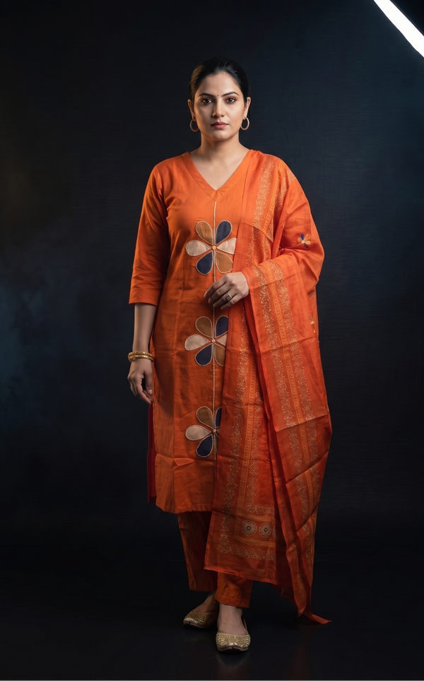 Rust orange Banarasi straight kurta with woven dupatta – The Cotton Studio festive set