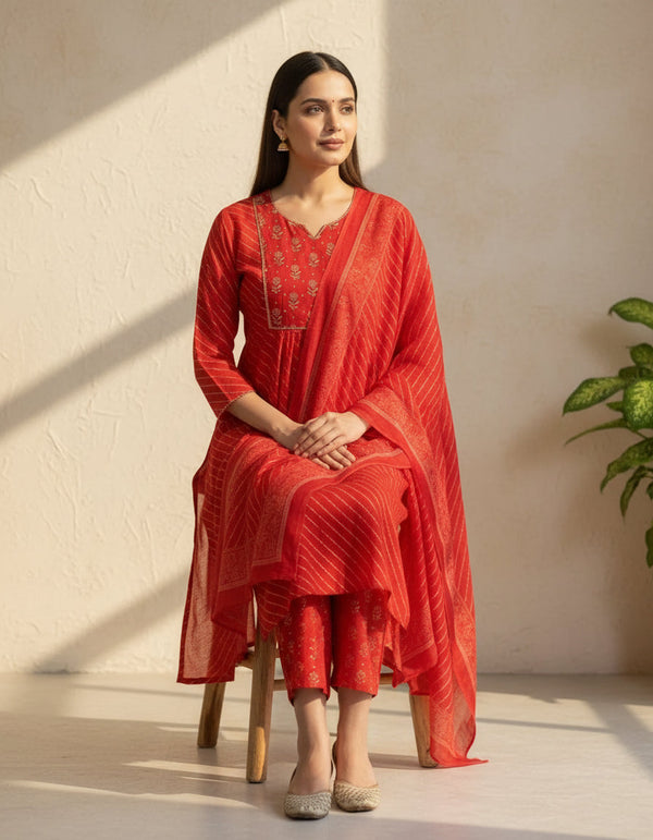 Red Leheriya Anarkali Set