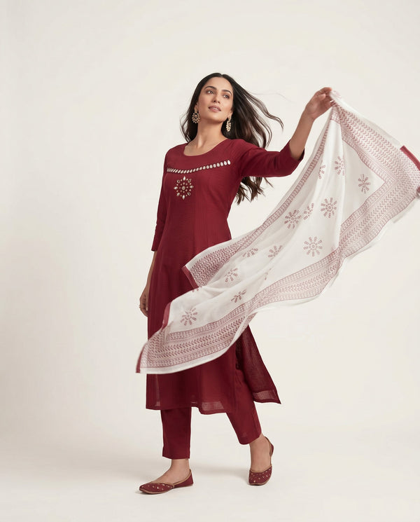Maroon Cotton Kurta Set