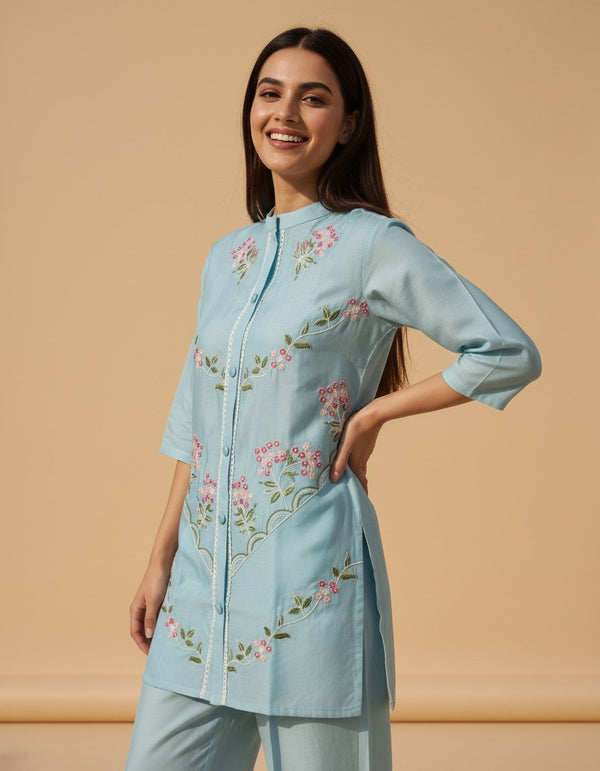 Powder Blue Floral Embroidered Cotton Co-ord Set