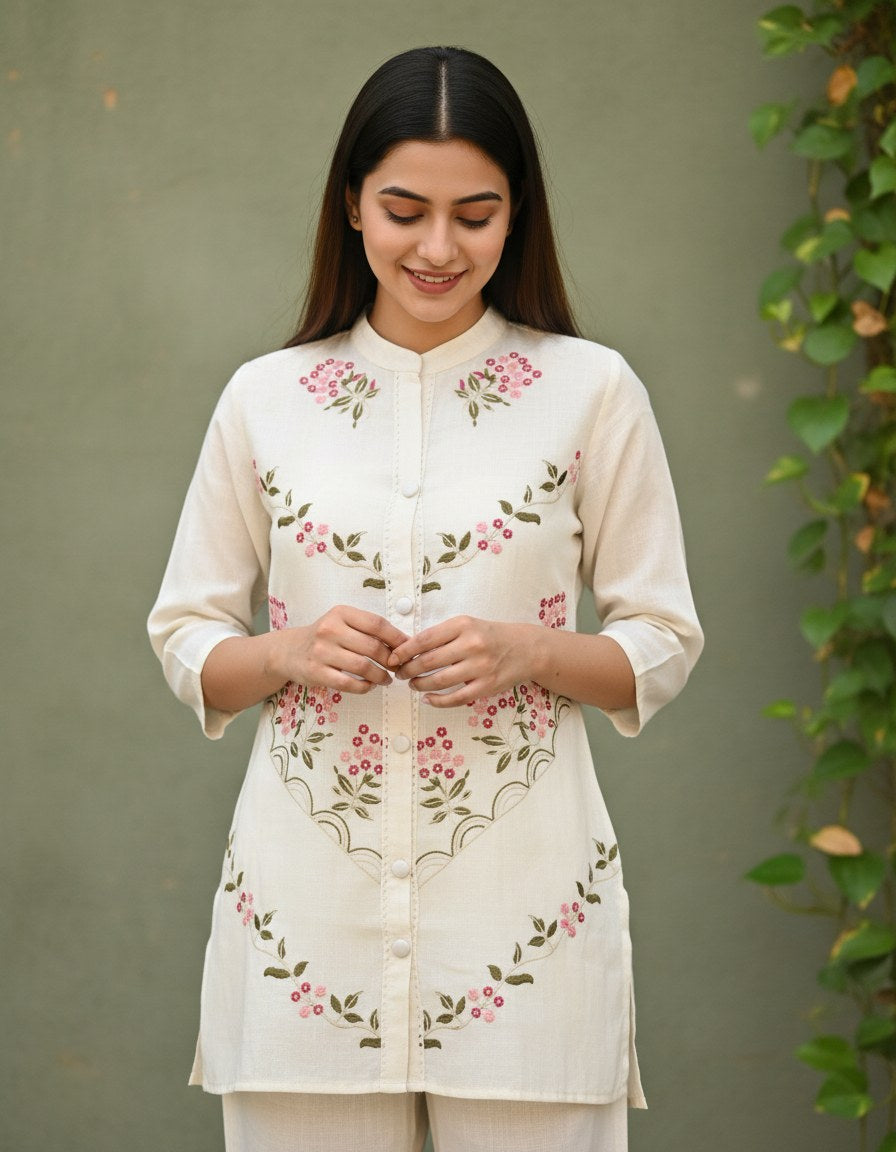Ivory Rose Embroidered Cotton Co-ord Set