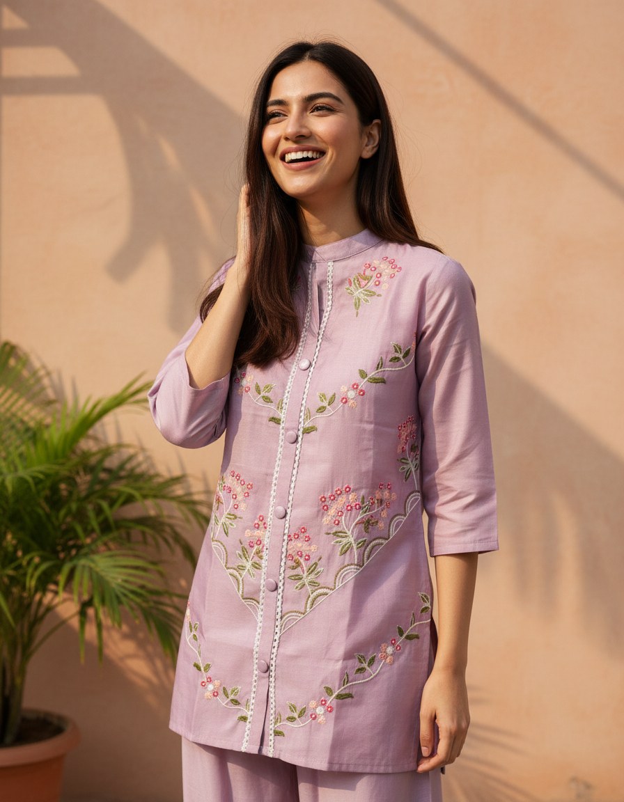 Lilac Blossom Embroidered Cotton Co-ord Set