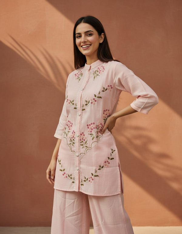 Blush Pink Floral Embroidered Cotton Co-ord Set
