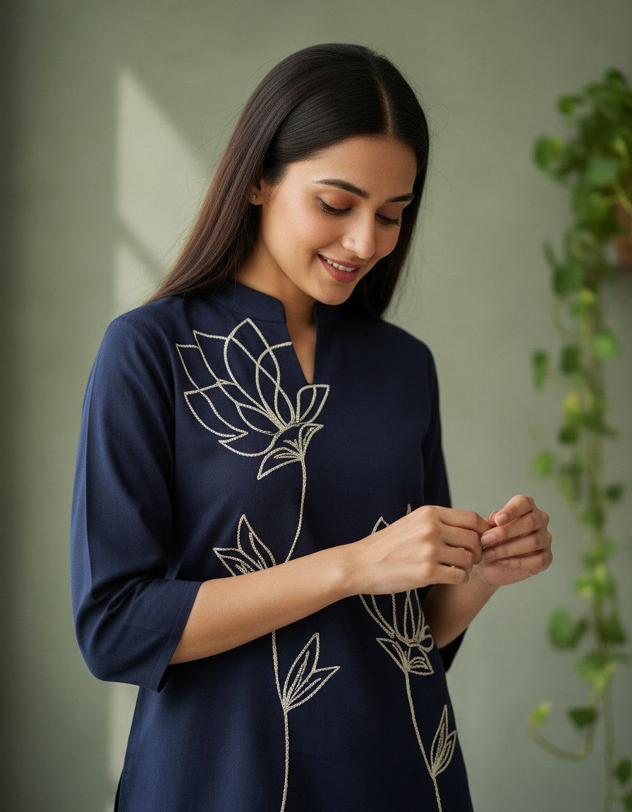 Navy Blue Lotus Embroidered Cotton Co-ord Set