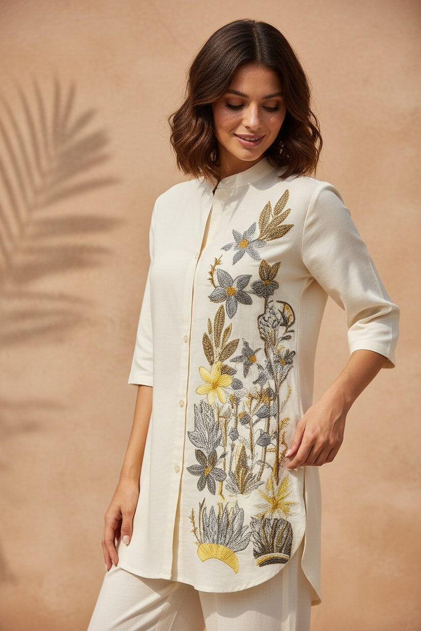 Ivory Botanical Embroidered Cotton Co-ord Set