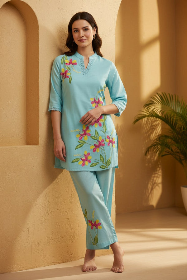 Aqua Blue Floral Embroidered Cotton Co-ord Set