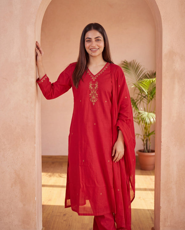 Red Embroidered Cotton Anarkali Set with Dupatta