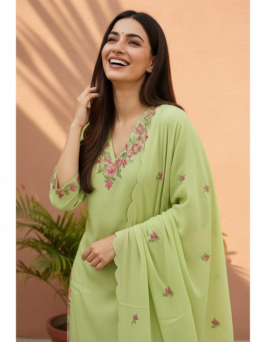 Pista Green Floral Embroidered Cotton Anarkali Set with Dupatta