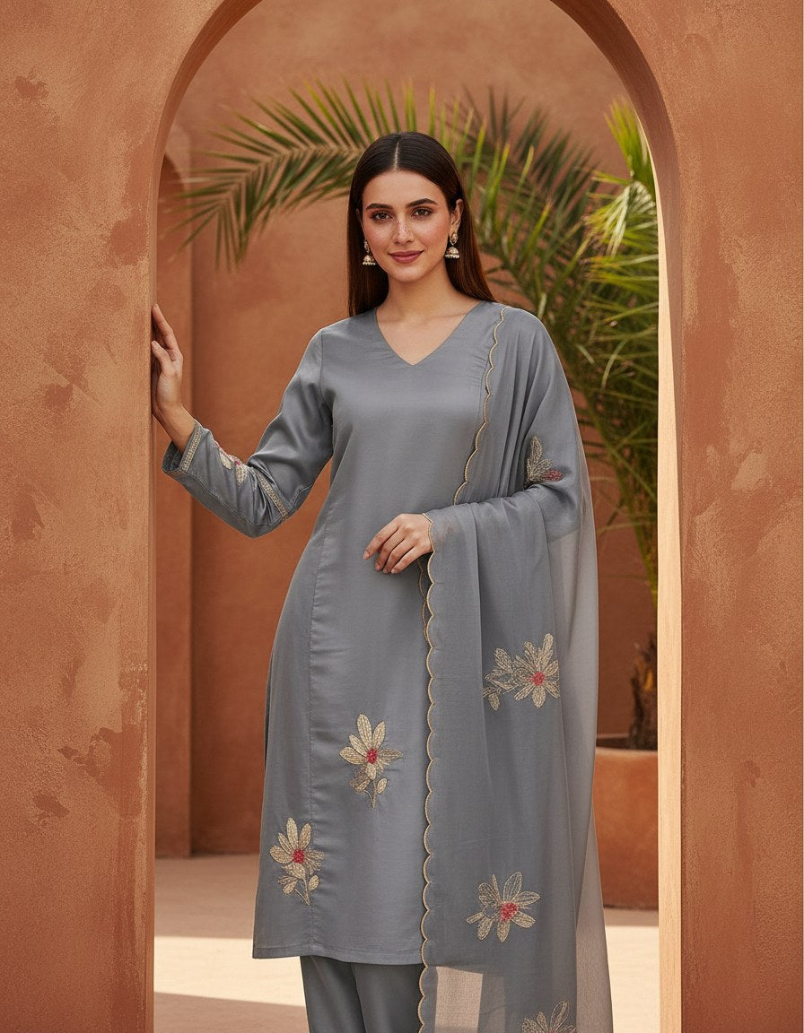 Slate Grey Embroidered Cotton Anarkali Set with Dupatta