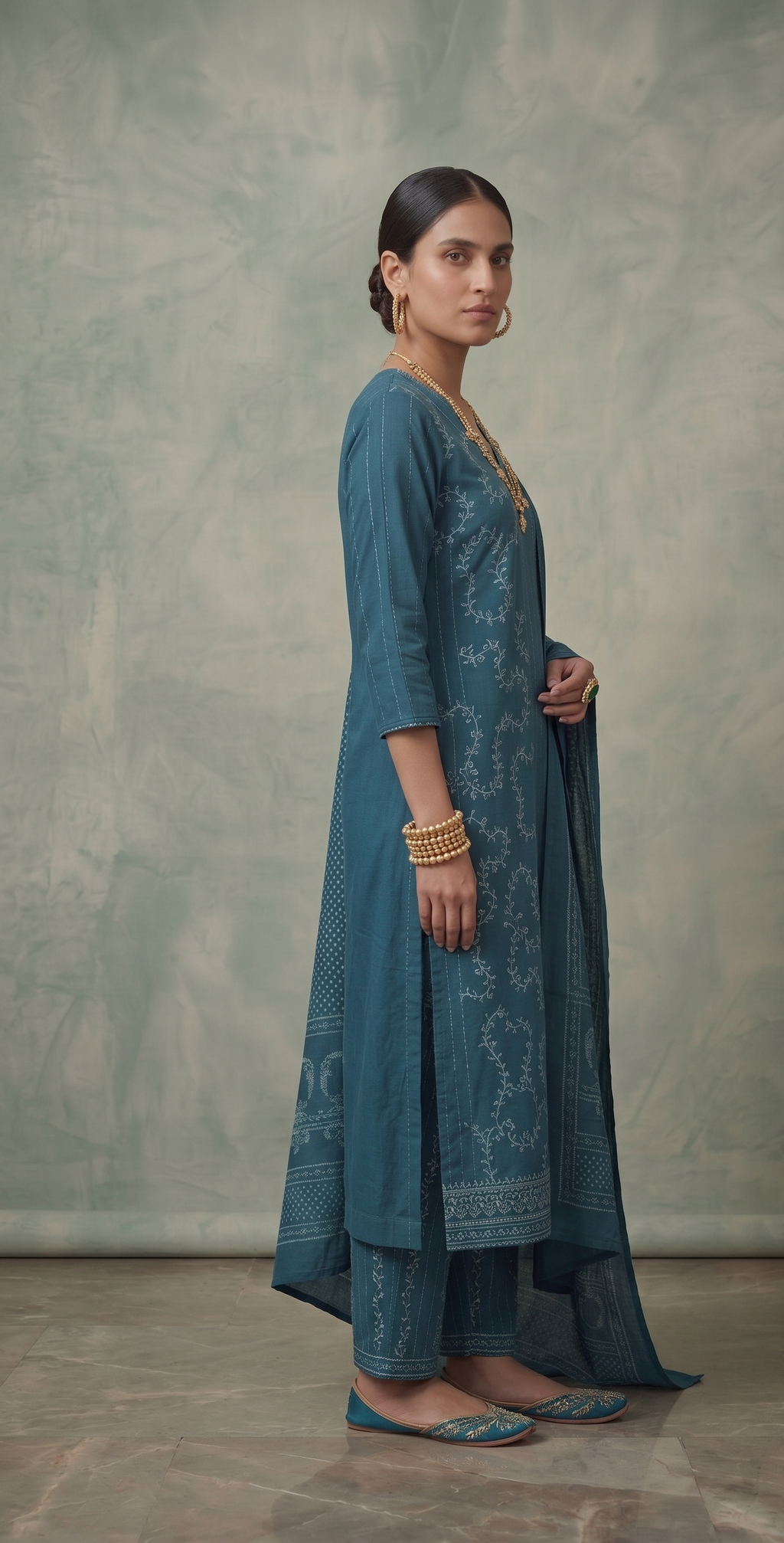 Teal embroidered kurta with block-printed dupatta – wedding guest ethnic wear for women