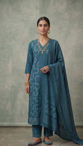 Teal blue hand-embroidered straight kurta with tapered pants – The Cotton Studio
