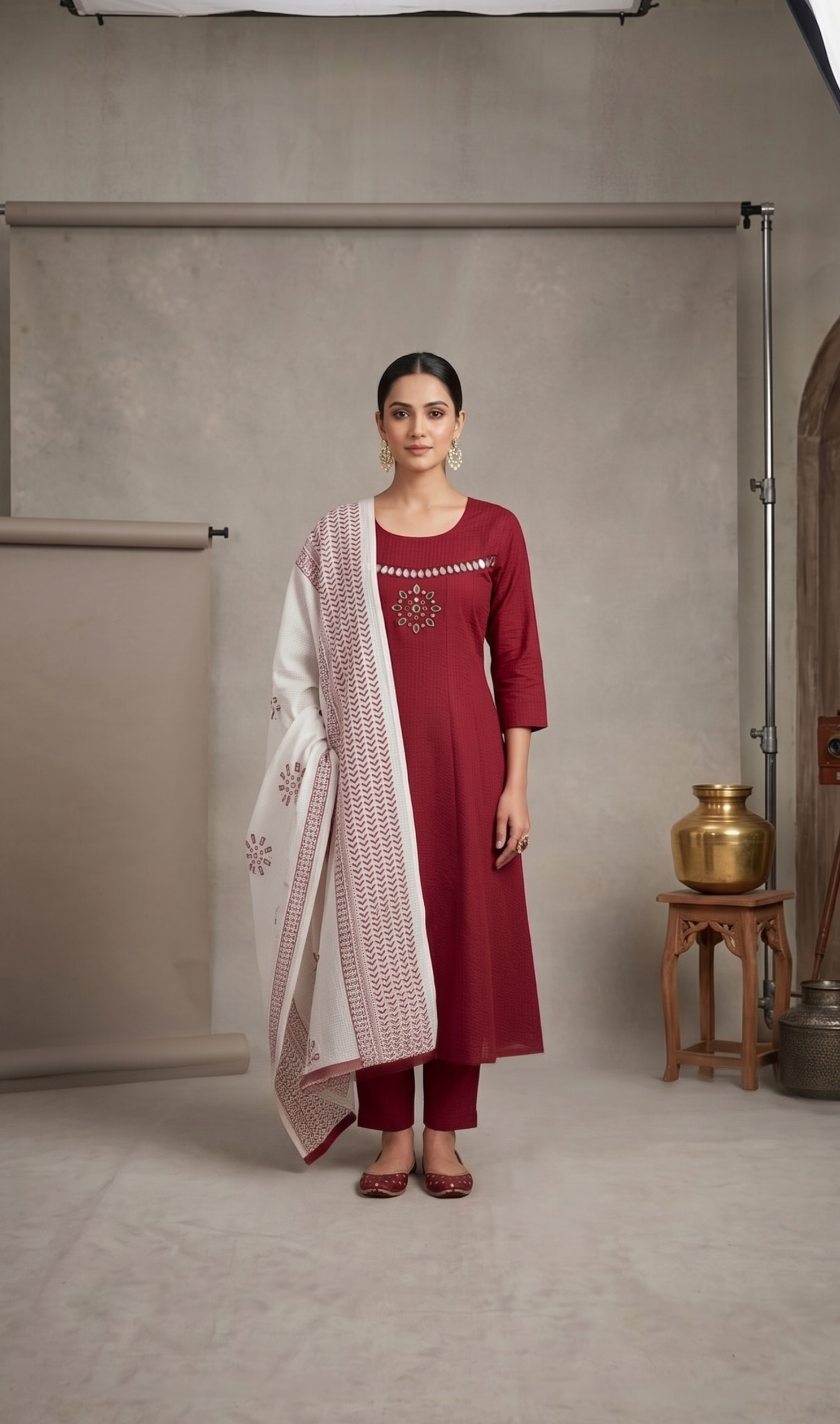 Maroon cotton straight kurta with block-print dupatta – The Cotton Studio ethnic wear