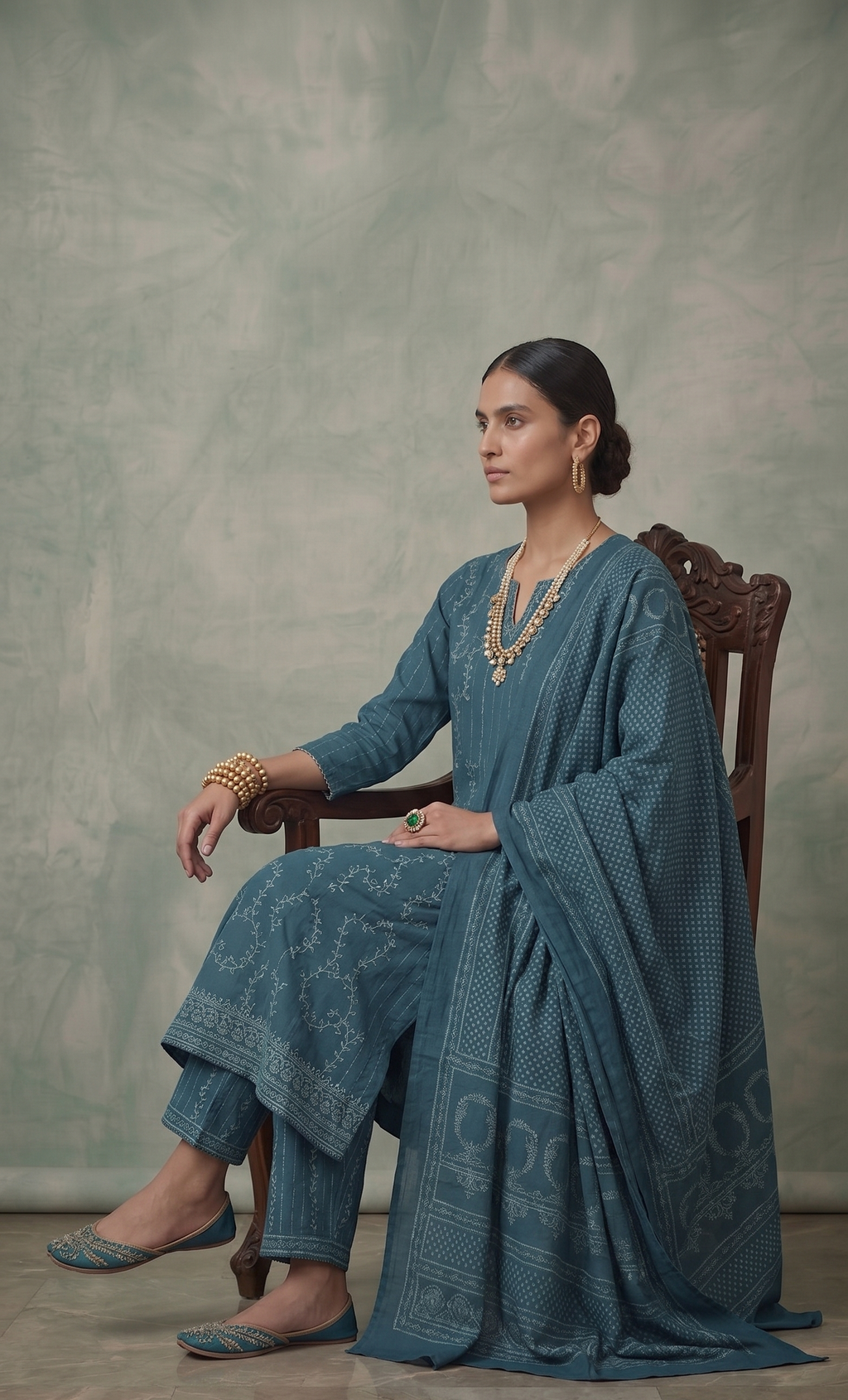 Teal blue 3-piece kurta set with embroidered cuffs and printed dupatta – festive wear