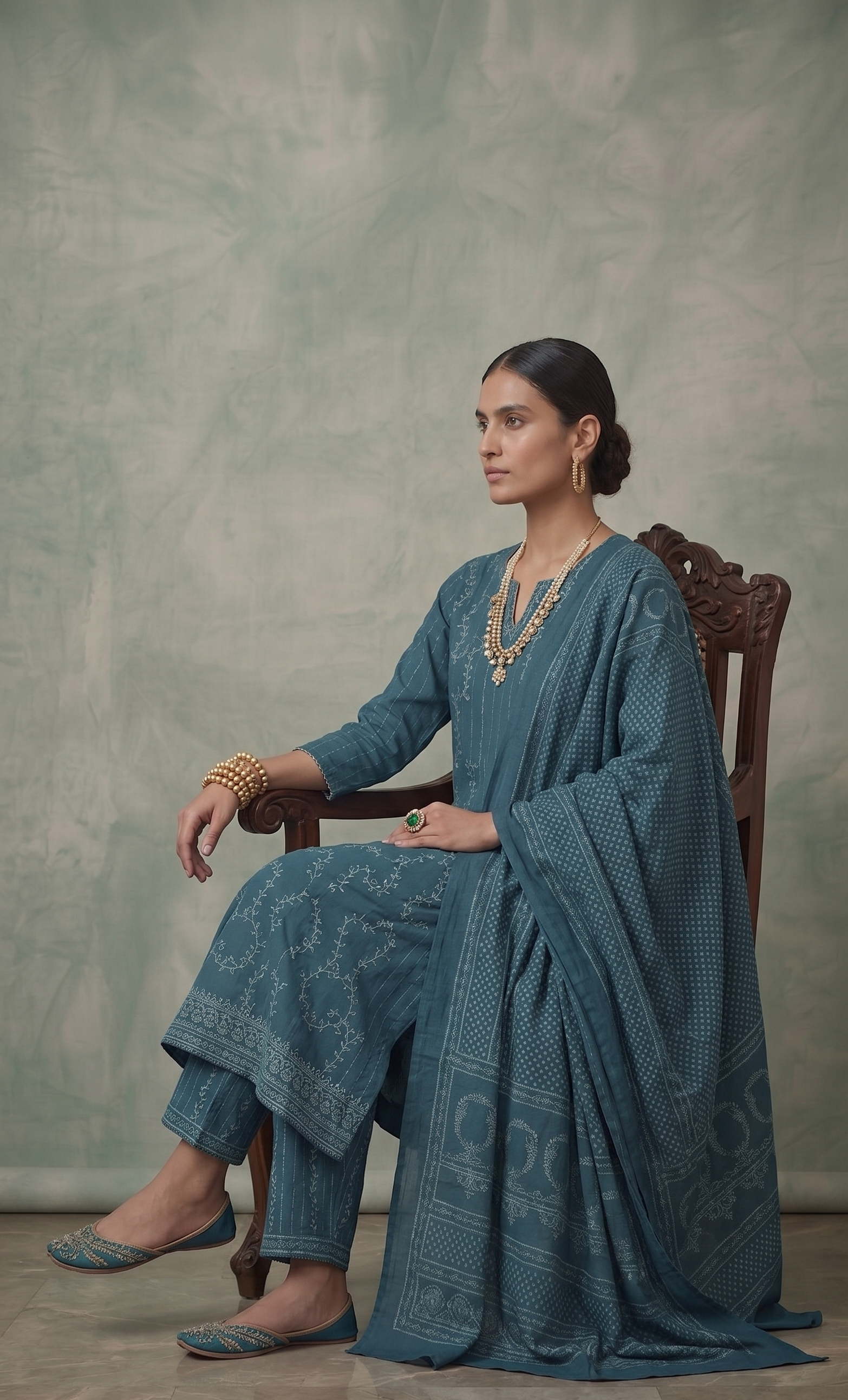Teal blue 3-piece kurta set with embroidered cuffs and printed dupatta – festive wear