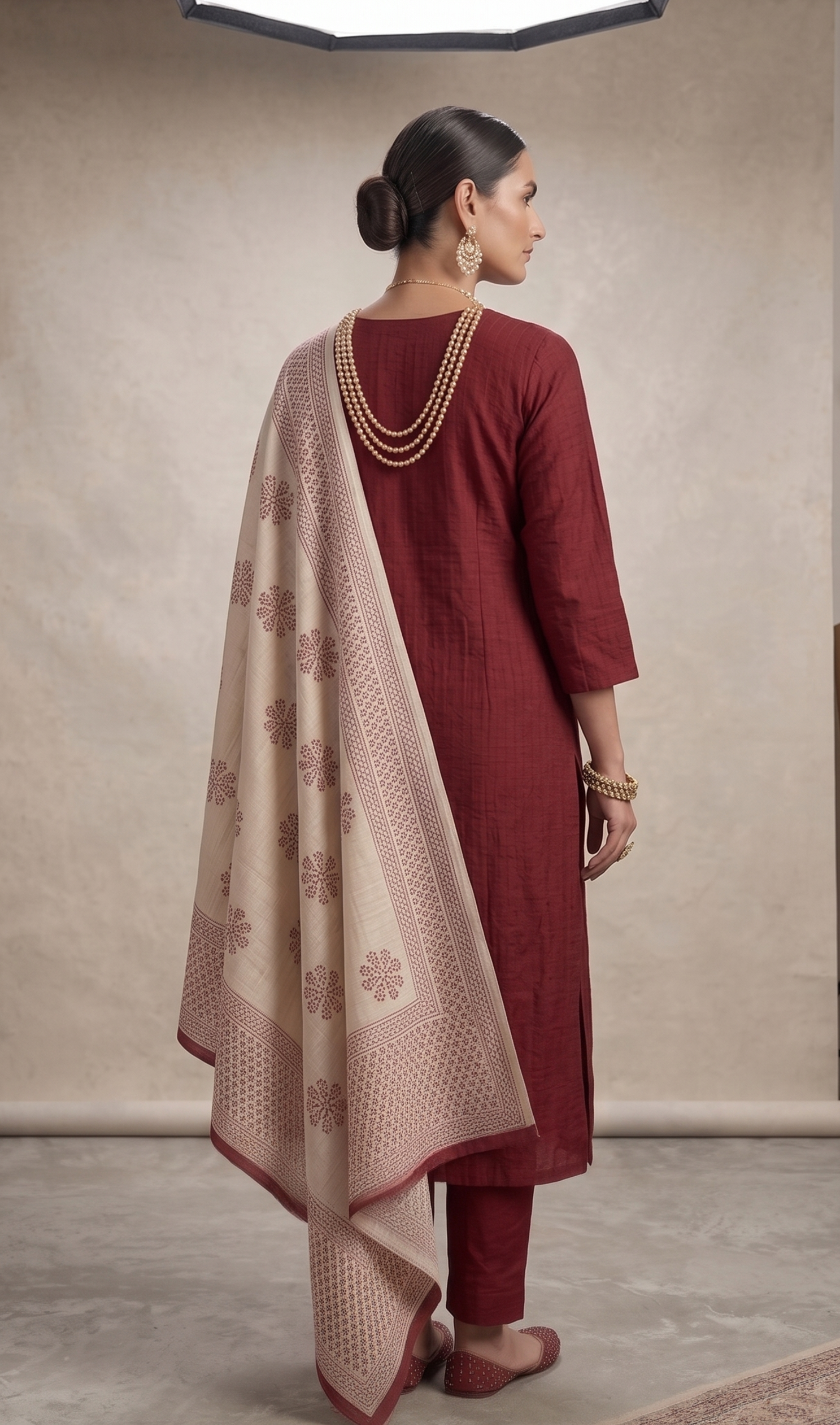 Maroon cigarette trouser kurta set with dupatta draped – office ethnic wear