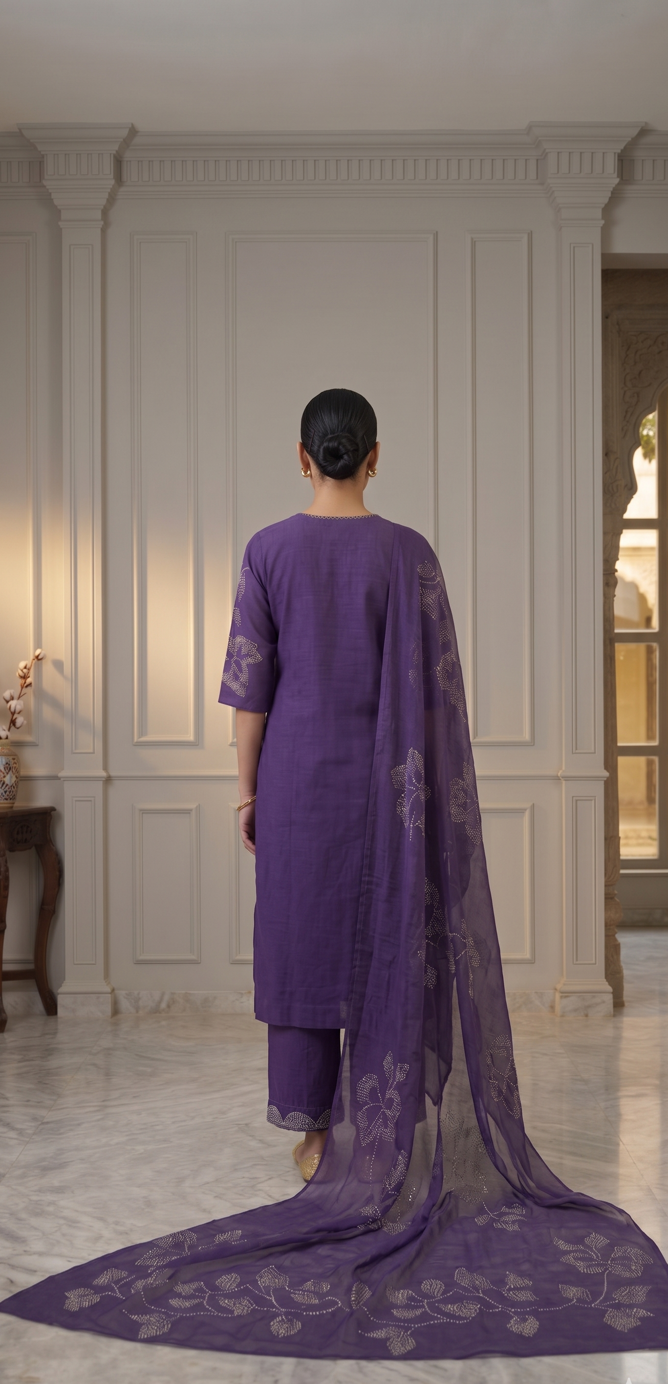 Purple kurta with sheer organza dupatta lifestyle shot – festive Diwali outfit