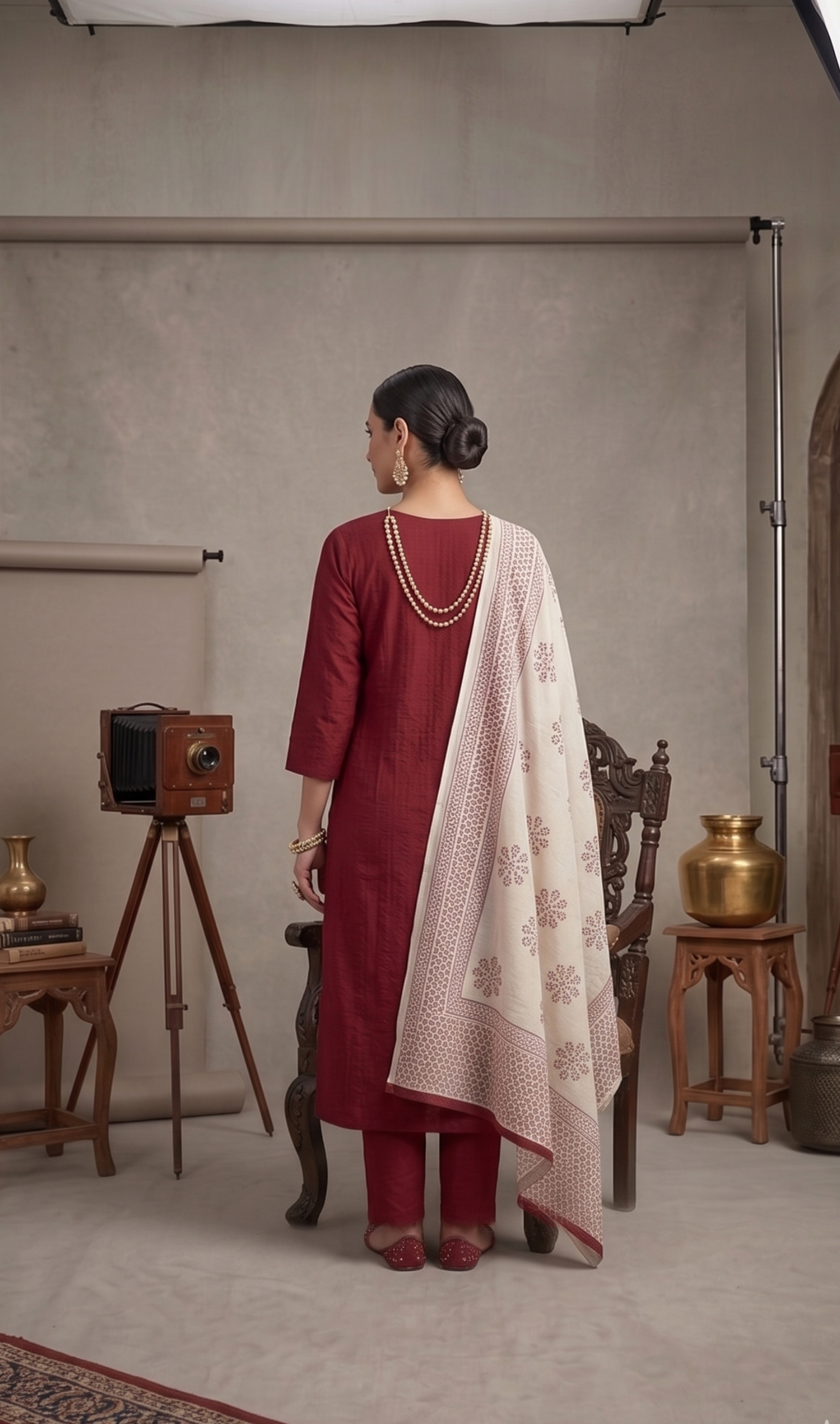 Maroon kurta set close-up V-neck and sleeve detail – Indian ethnic wear women