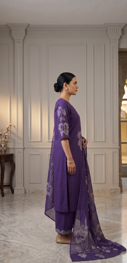 Purple floral thread embroidery kurta with palazzo pants – 3-piece co-ord set for women