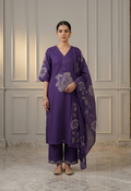 Deep purple embroidered straight kurta with organza dupatta – The Cotton Studio festive set