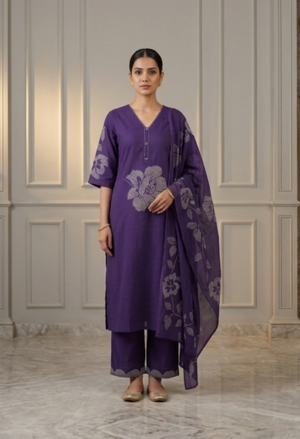 Deep purple embroidered straight kurta with organza dupatta – The Cotton Studio festive set