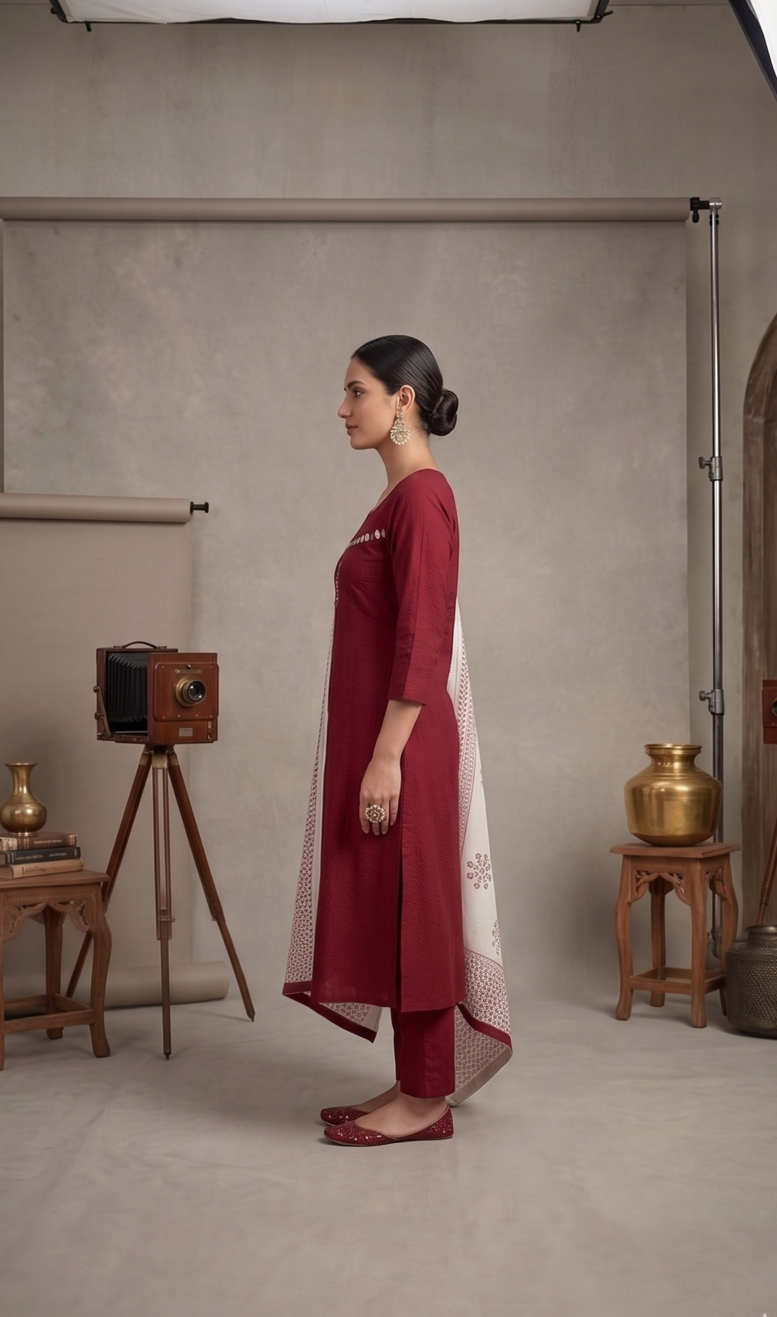 Maroon kurta pant set with cream block-printed dupatta – 3-piece festive set