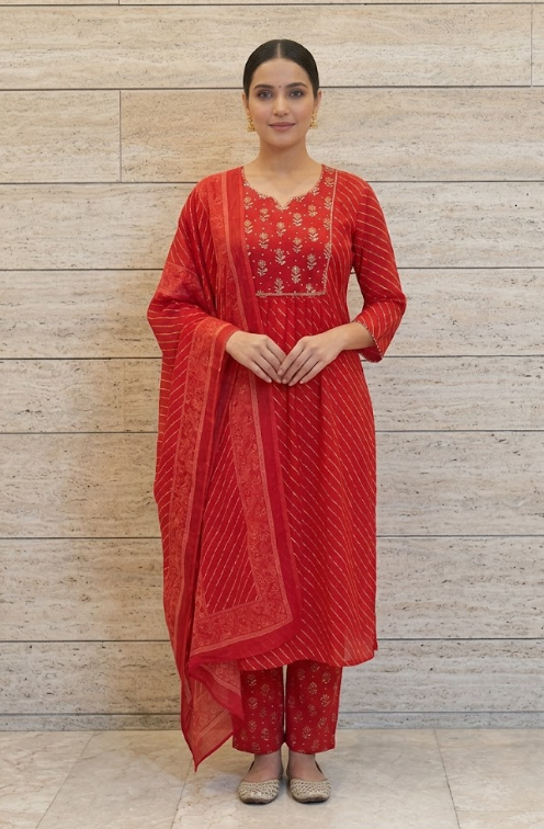 Red Leheriya Anarkali suit full length model shot – festive ethnic wear for women