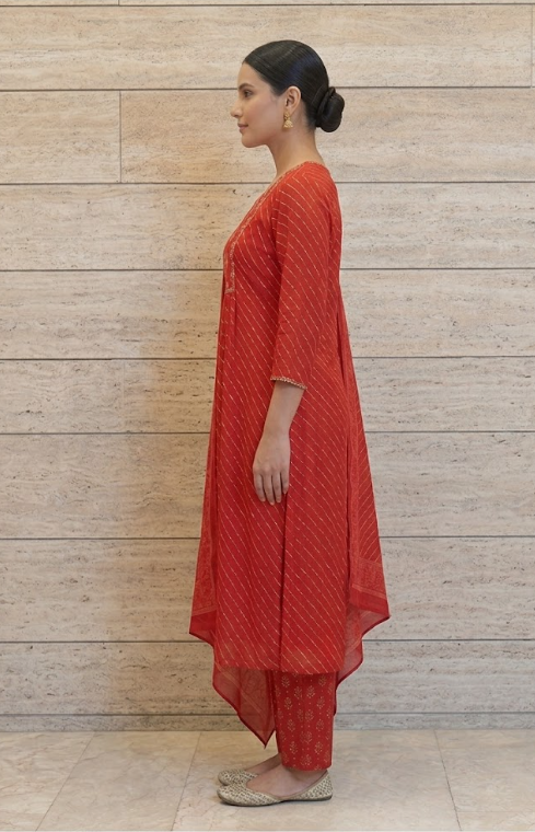 Red Leheriya Anarkali 3-piece set with dupatta draped – festive Indian wear