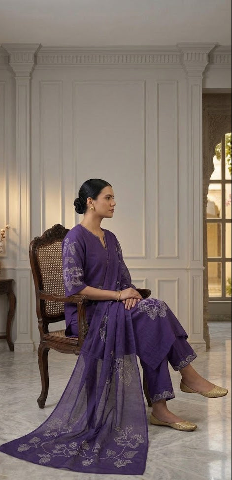 Deep purple kurta set close-up embroidery and V-neck button detail – ethnic wear
