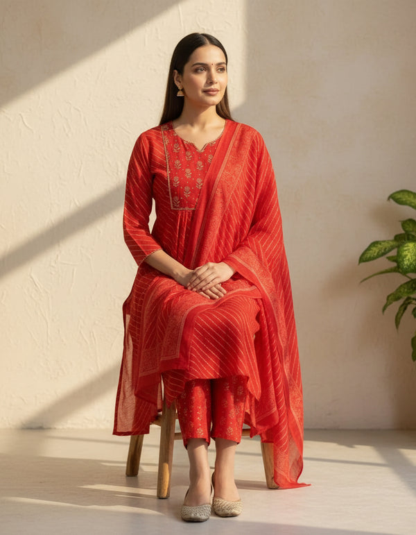 Red Leheriya Anarkali Set